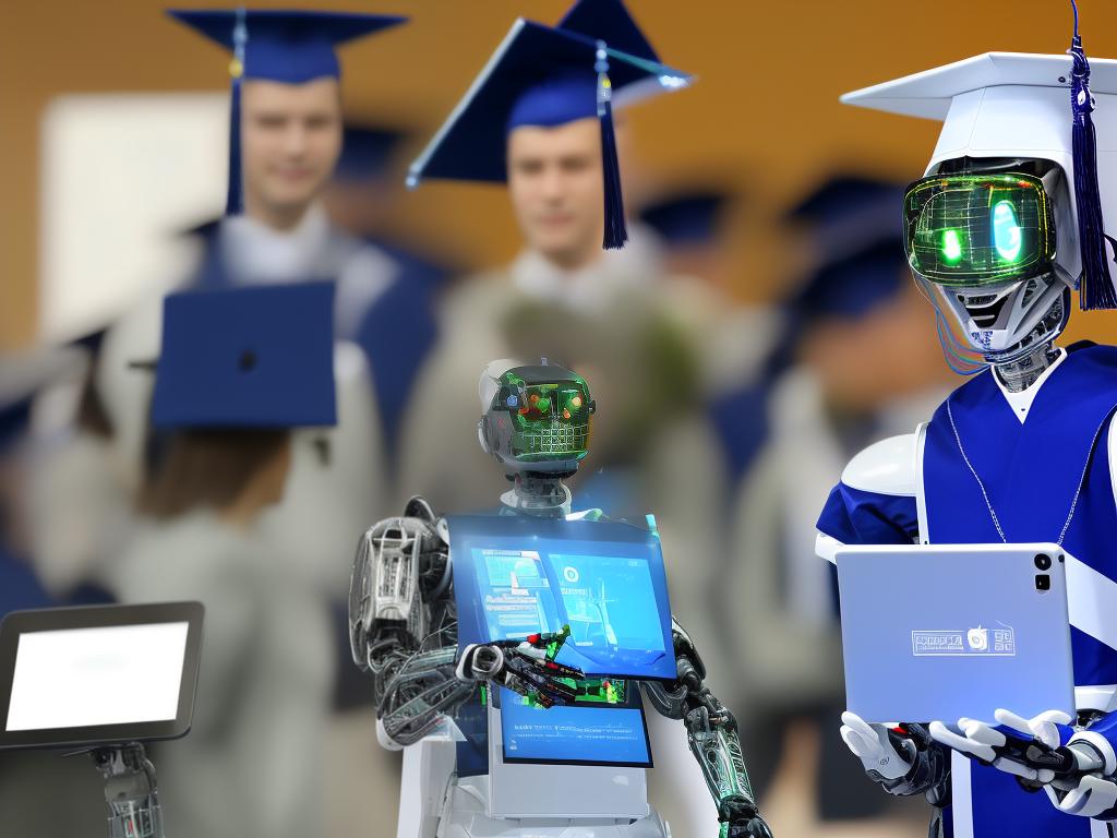 A humanoid robot holding a digital tablet with a book and graduation cap on it, representing the role of AI in modern education.