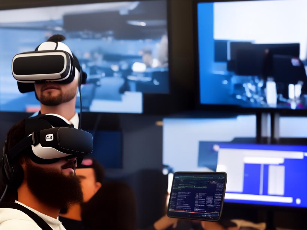 Image of a student with a virtual reality headset pointing at a computer screen with AI code